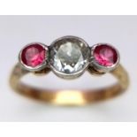 A 18K YELLOW GOLD OLD CUT DIAMOND &RUBY 3 STONE RING 0.40CT 2.5G SIZE K ref: RPM 1003