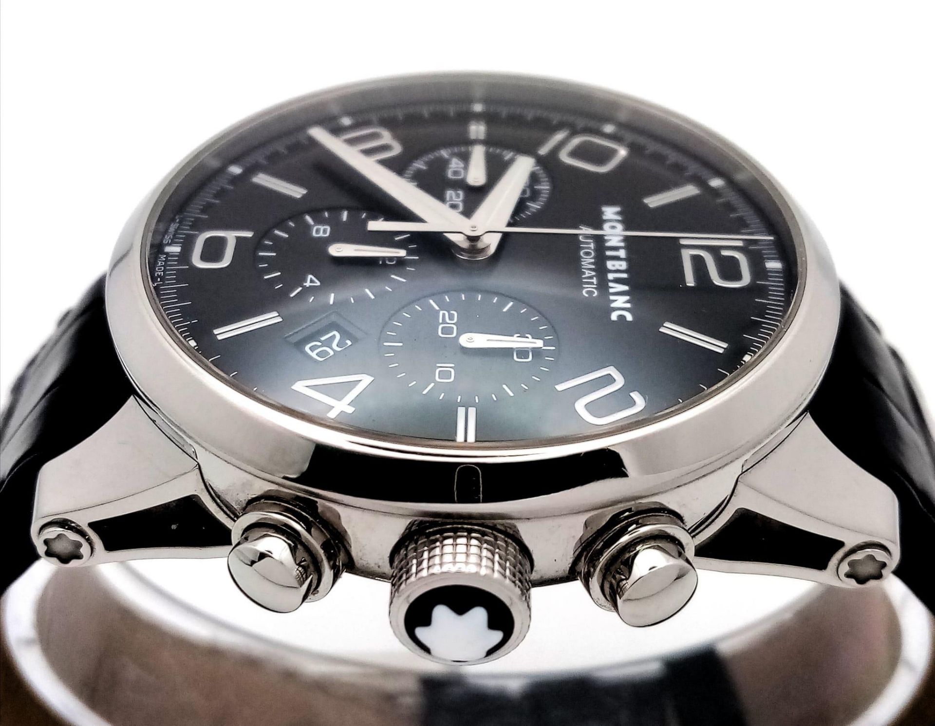 A "MONTBLANC" AUTOMATIC CHRONOGRAPH WITH 3 SUBDIALS ,STUNNING BLACK FACE , COMES WITH BOX AND - Image 4 of 8