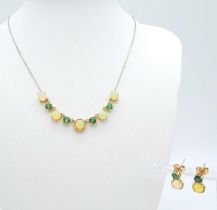 A 9K Yellow Gold Ethiopian Opal and Tsavorite Tourmaline Necklace - 44cm with a Matching Pair of