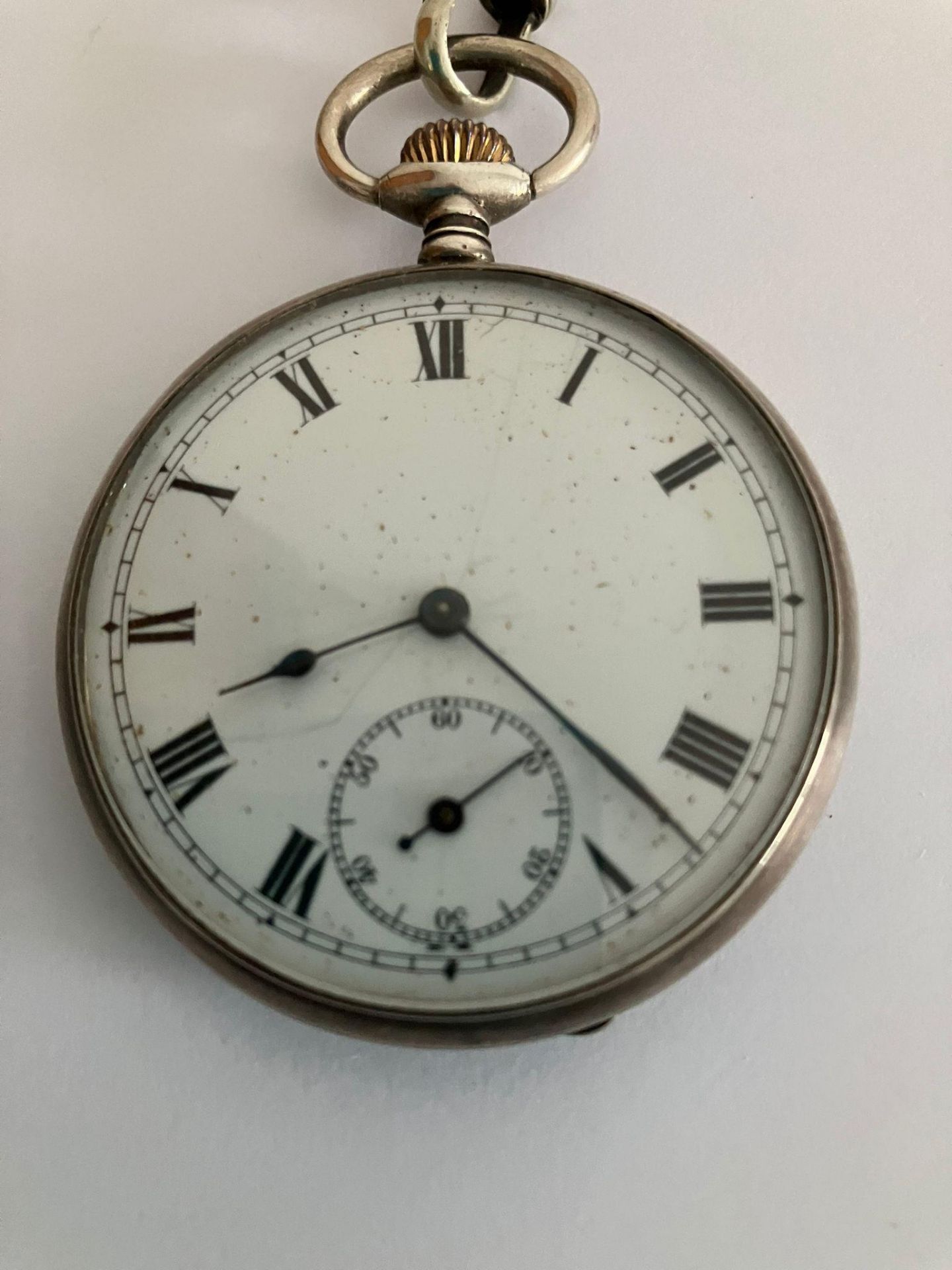 Antique SILVER OPEN FACE POCKET WATCH With Albert T-bar chain and coin fob. The pocket watch - Image 4 of 4
