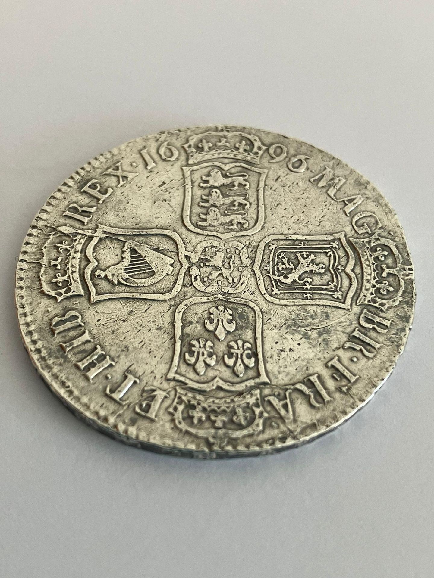 1696 WILLIAM III (William of Orange) SILVER HALF CROWN. Condition very fine or better. Clear