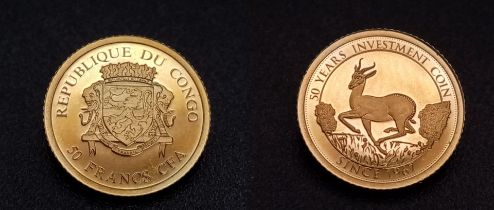 A 14K Gold Miniature 50 Franc Coin. Comes with a small certificate.