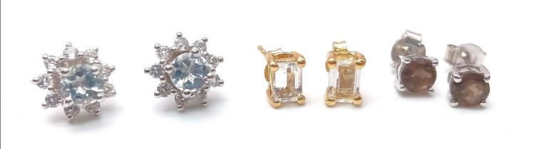 Three Pairs of 925 Silver and Gemstone Stud Earrings: Topaz, Smoky Quartz and White Quartz.