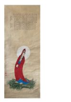 Guanyin; Scriptures; Chinese ink and watercolor on silk scroll; Attribute to Lu Xiaoman. 101cm*39.