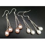 Two Pairs of Freshwater Twin-Pearl and 925 Silver Drop Earrings. White and lavender. Drop - 3.5cm