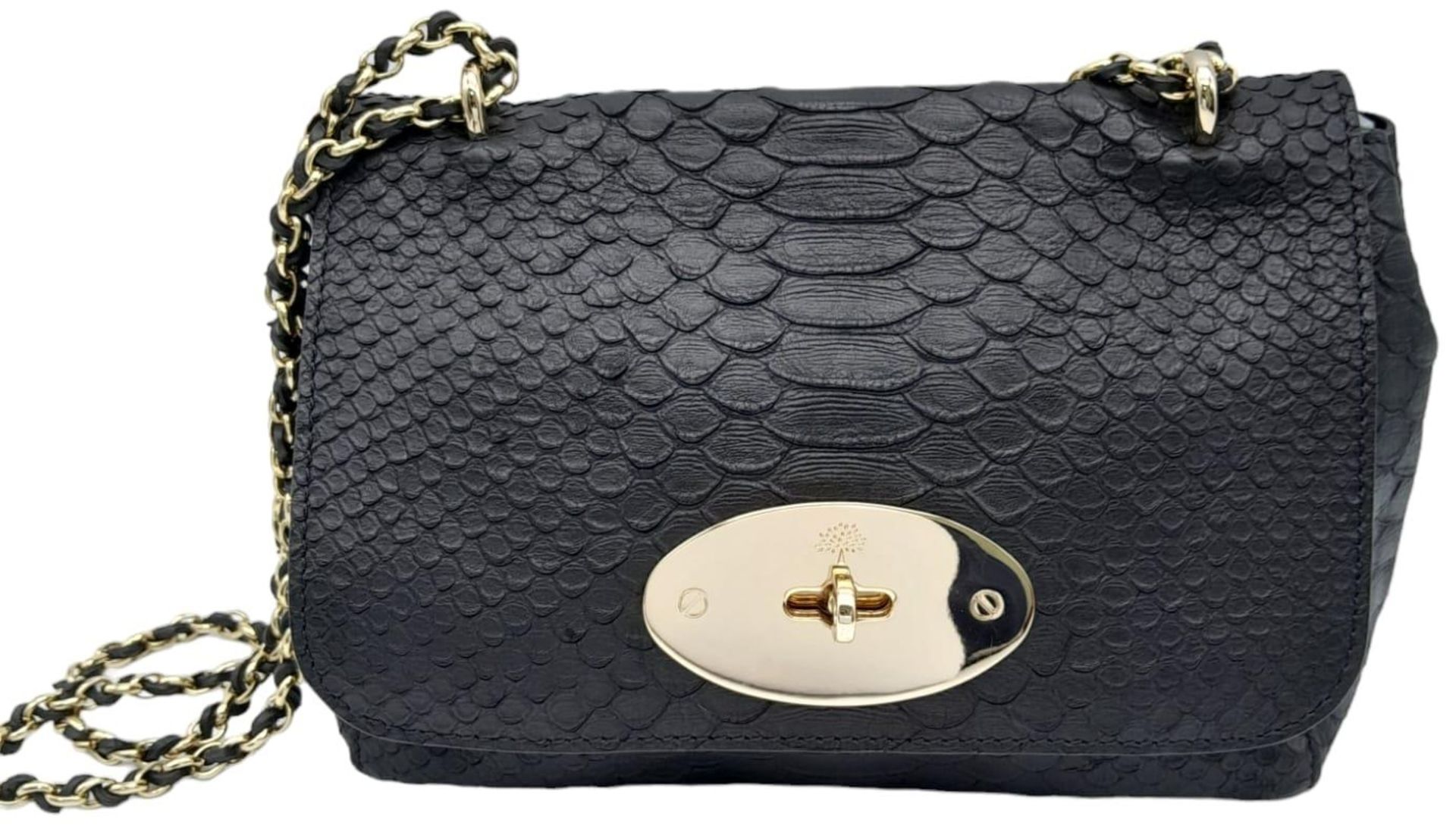 A Mulberry Black Cecily Shoulder Bag. Snakeskin exterior with gold-toned hardware, chain and leather