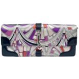 An Emilio Pucci Colourful Clutch Bag. Colourful exterior print with black patent leather accents.