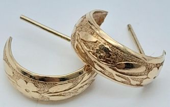 A Pair of Vintage Small Wide 9K Yellow Gold Hoop Earrings. 1.1g weight.