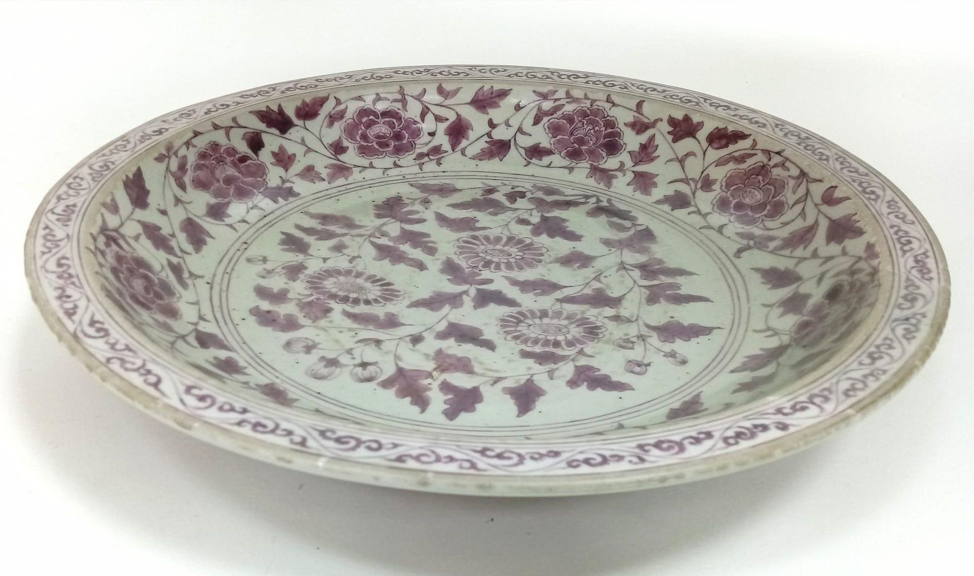 Large Antique Burgundy Floral Serving Dish. Whilst no markings exist on this large bowl, the hand-