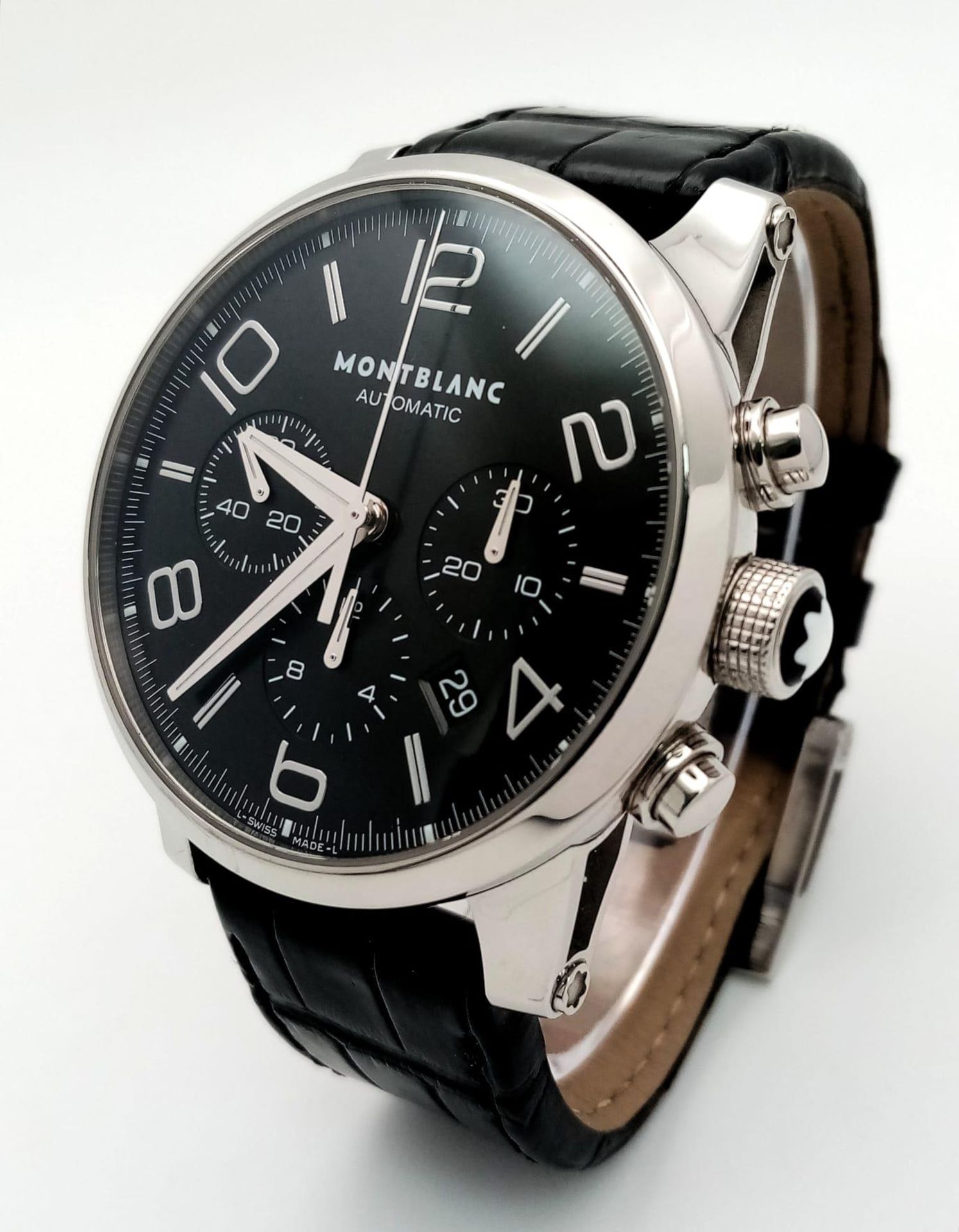 A "MONTBLANC" AUTOMATIC CHRONOGRAPH WITH 3 SUBDIALS ,STUNNING BLACK FACE , COMES WITH BOX AND