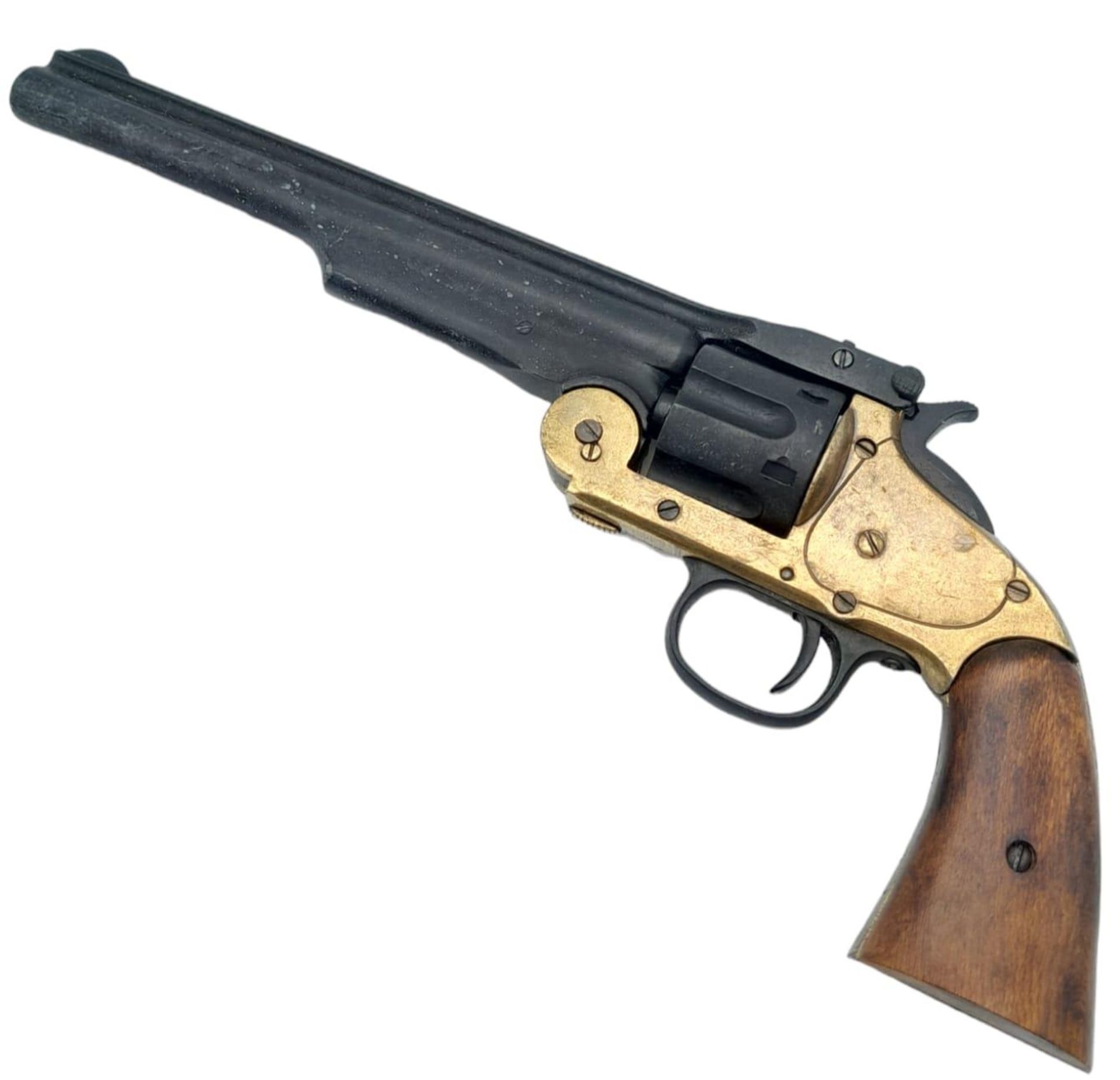 A FULL SIZE METAL REPLICA NAVY COLT SIX CHAMBER PISTOL WITH DRY FIRING ACTION AND REVOLVING BARREL