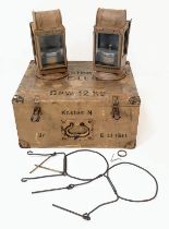 A WW2 German Wooden Box Dated 1944 Containing 2 x Carbide Lanterns.