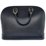 A Louis Vuitton Black Leather Alma Handbag. Textured exterior. Soft textile interior with one open