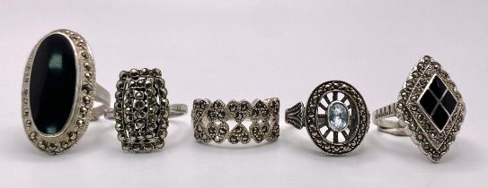 A Sterling silver collection of 5 Marquisite set rings, varying sizes from L-P, 25.4g collective