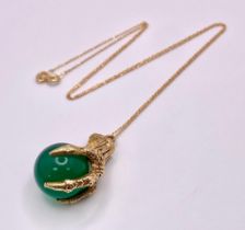 An Excellent Condition 9 Carat Gold Jadine (Chrysophrase) Ball Claw Pendant Necklace. 40cm Length