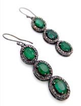 A Pair of Emerald and Diamond Gemstone Dangler Earrings set in 925 Silver. Emeralds - 14ctw (approx)