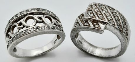 2x 925 silver stone set rings include a knotted ring with size P/Q and a crossover ring with size O.