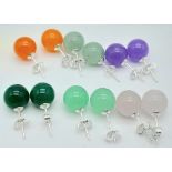 Six Pairs of Colourful Jade Ball Stud Earrings. Lavender to dark green.