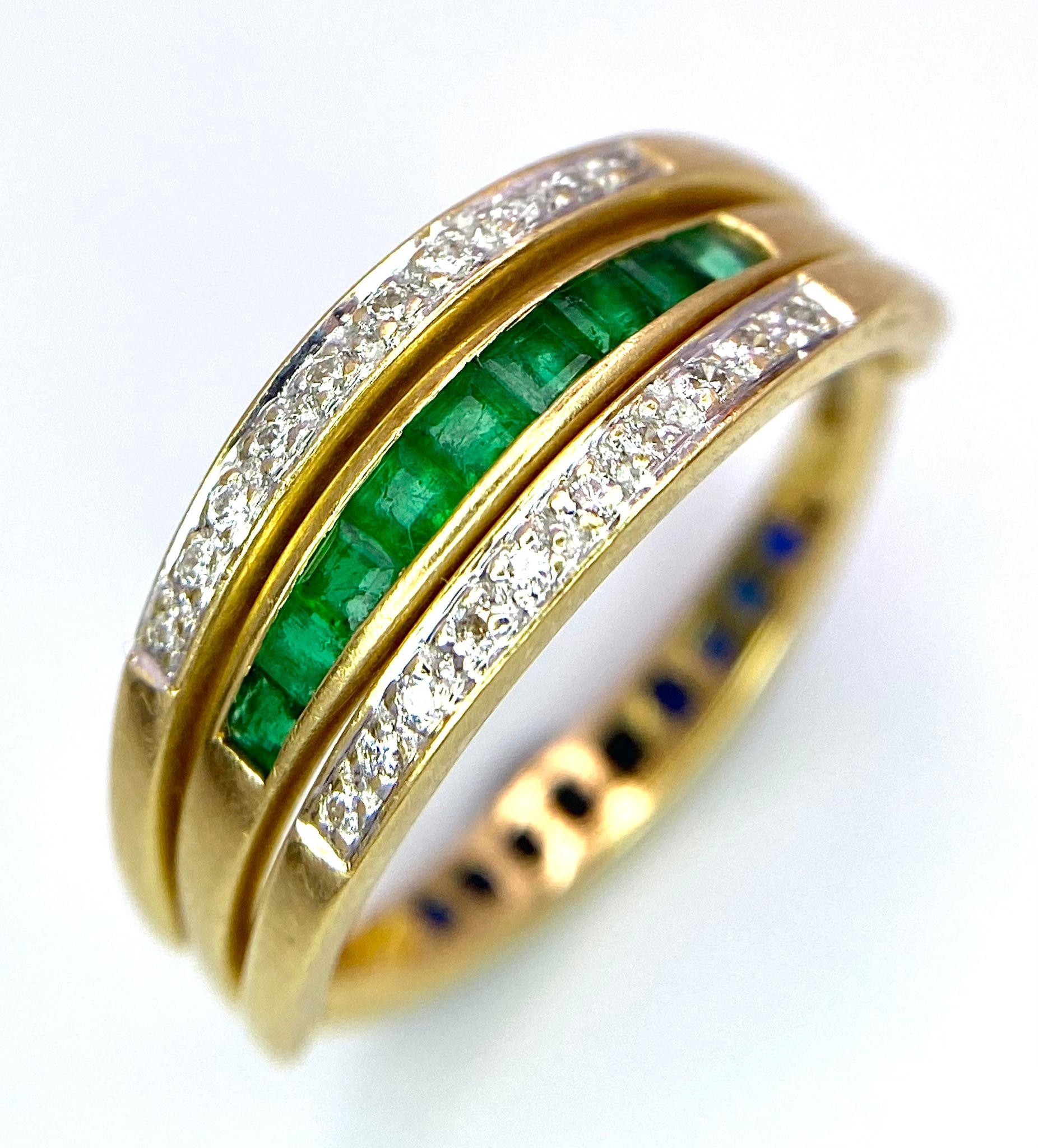 A very interesting 18 K yellow gold ring with two emerald bars and two rotating diamond bars that - Image 9 of 13