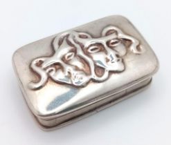 A Vintage Pin/Pill Silver Box with a Pair of Ornate Decorative Theatre Masks on Lid. 4 x 2.5cm.