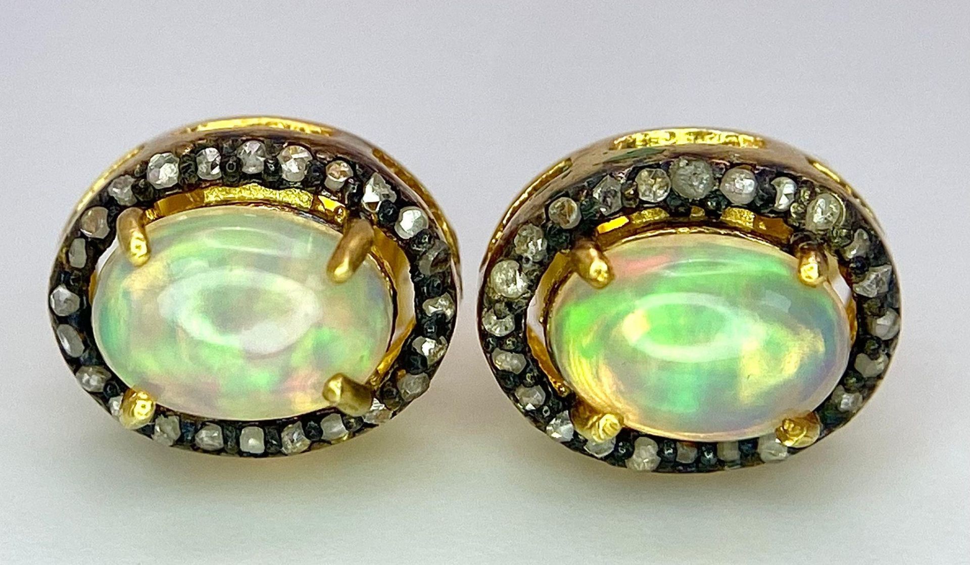 A Pair of Opal and Diamond Stud 925 Silver Earrings. Opal 2ctw and diamonds 0.35ctw. 2.73g total - Image 2 of 7