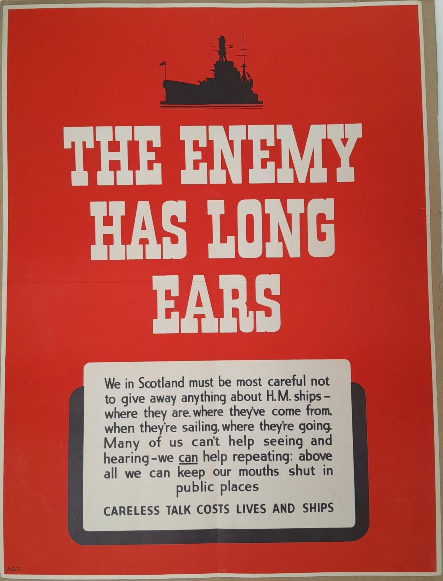 A Vintage British WW2 Poster - 'The Enemy has Long Ears'. 37cm x 51cm. 'Careless talk costs lives