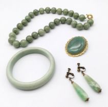 A Green Jade Beaded Necklace, Bangle, Brooch and Drop Earring set. Necklace - 44cm. 62mm inner