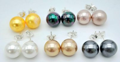 Six Pairs of Vibrant Multi-Coloured South Sea Pearl Shell Ball (10mm) Stud Earrings on 925 Silver.