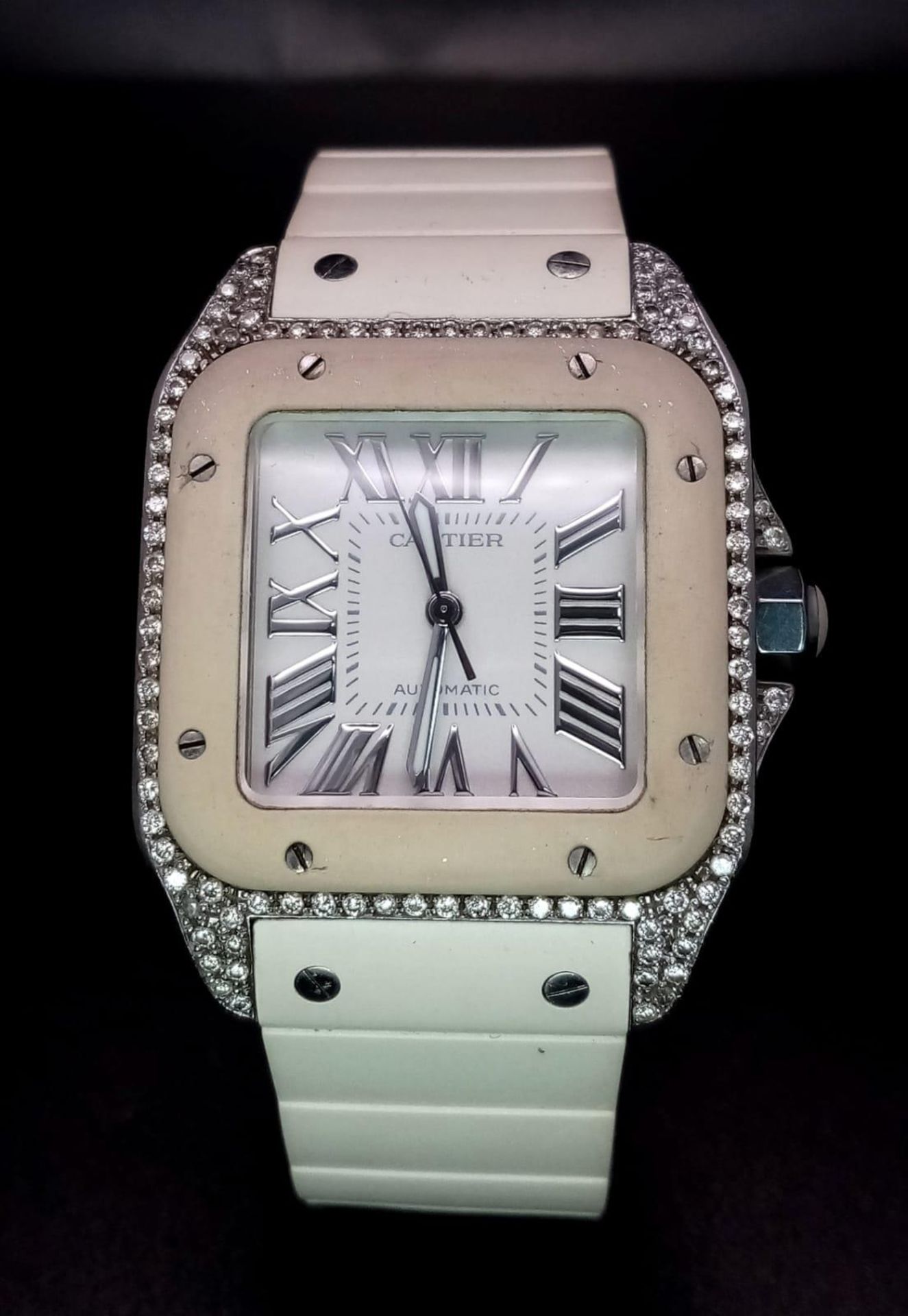 A Cartier Santos 100 Automatic Unisex Diamond Watch. White rubber Cartier strap with diamond buckle. - Image 2 of 8