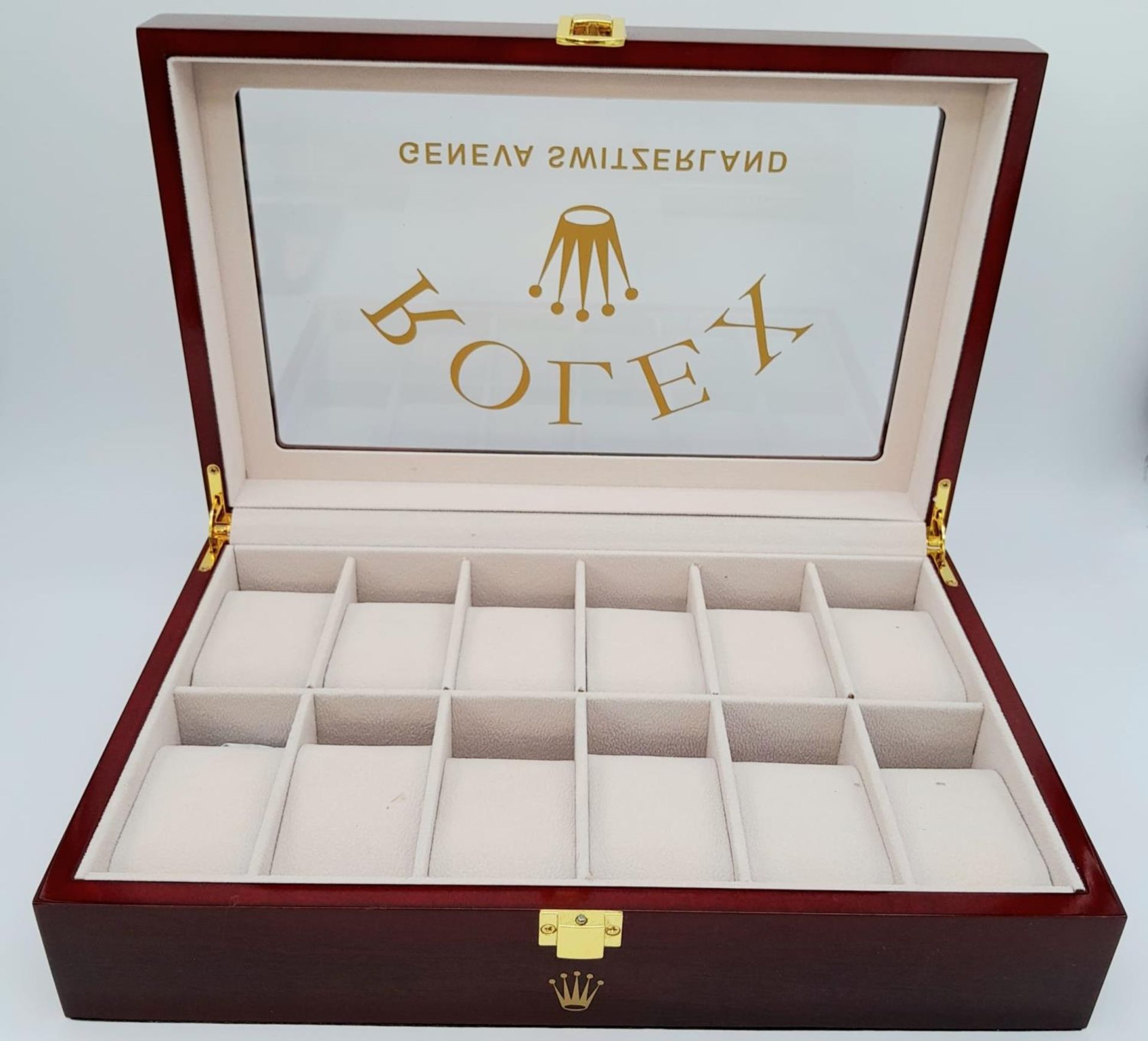 A high-quality ROLEX wooden watch case for 12 watches, made from high gloss cherry veneer and