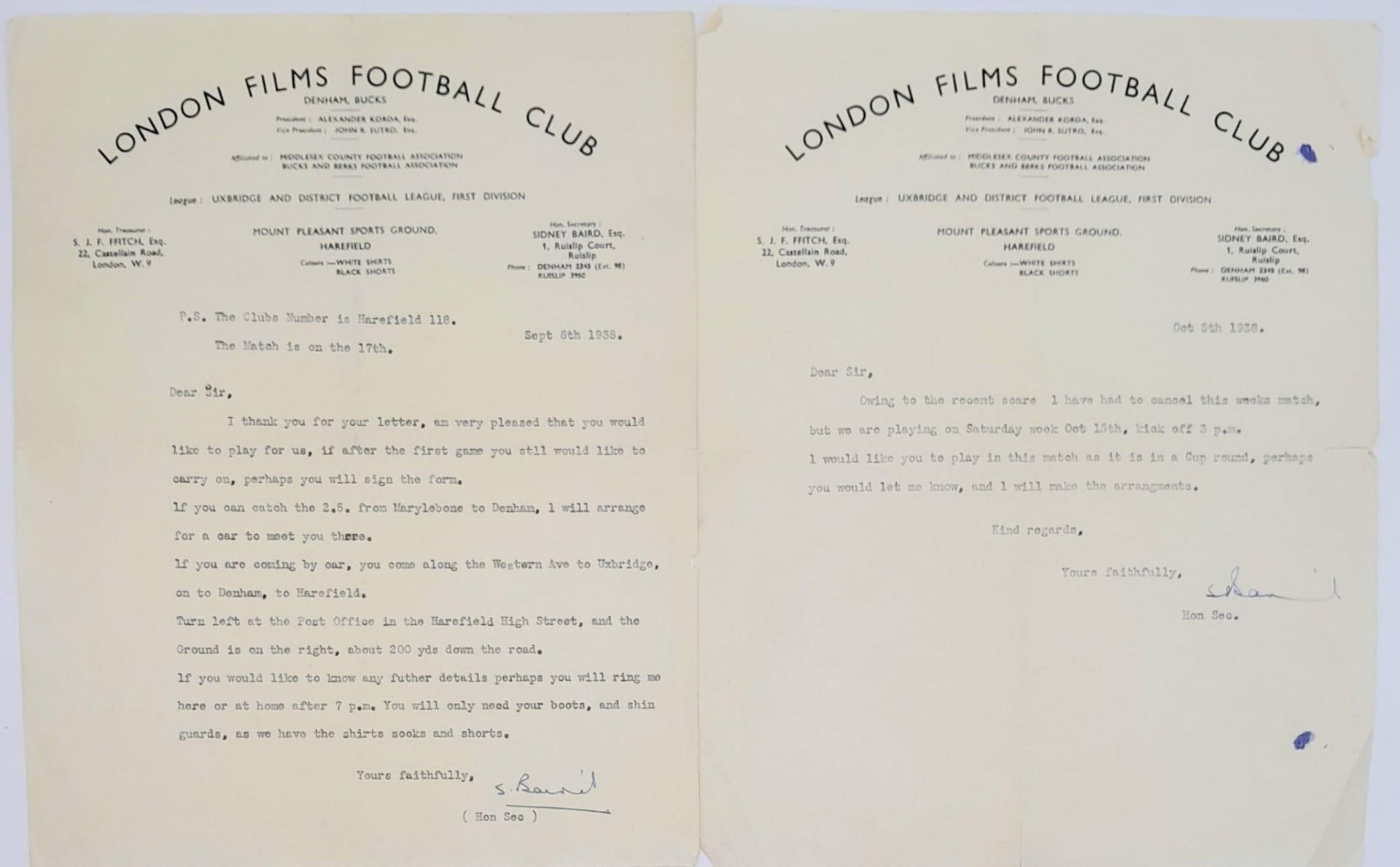 An Eclectic Piece of Football Memorabilia - Two letters from London Films football club believe to - Image 2 of 5