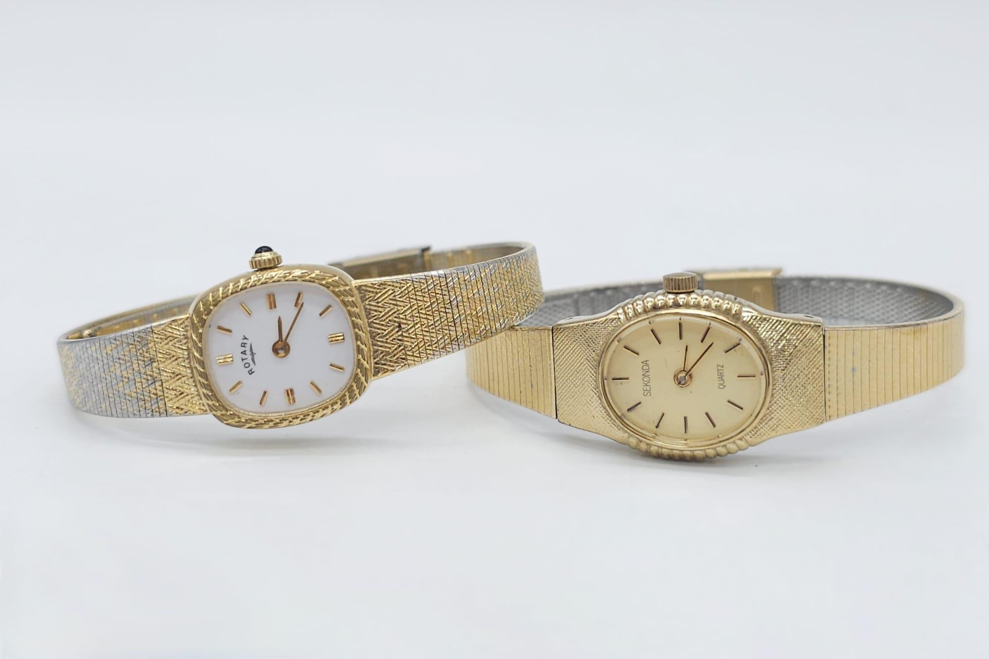 A Parcel of Two Vintage Ladies Gold Tone Quartz Watches Comprising; 1) A Rotary Model 10735. 18mm
