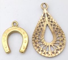 A Pair of 9K Yellow Gold Pendants. Horse-shoe and decorative pierced oval. 0.9g total weight. 25mm