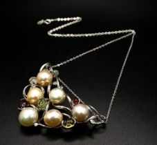 A Pearl and Multi-Gemstone Set Pendant Statement Necklace. 50cm Length Chain. Pendant Measures 6cm