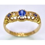 An antique 18 K yellow gold ring with blue sapphires and old cut diamonds, beautifully hallmarked,