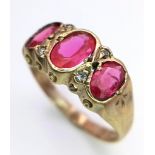A TRILOGY OF PINK RUBY AND DIAMOND RING SET IN 18K GOLD . 1.7gmas size I/J