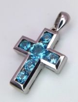 A 9K WHITE GOLD BLUE TOPAZ SET CROSS CHARM /PENDANT 2.3G 24mm x 15mm ref: SC 1039