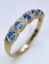 A 9K YELLOW GOLD DIAMOND & BLUE STONE BAND RING 1.5G SIZE M ref: SC 1025