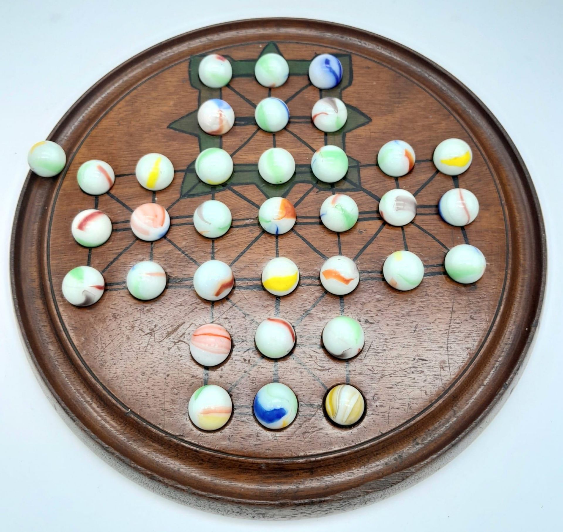 A Scarce Antique Victorian or Edwardian Hardwood and Marbles Solitaire Board. 23cm Diameter. Full