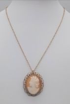 An Antique 9 Carat Gold Cameo Pendant Necklace. 42cm Length Chain. Pendant Measures 2.3cm Length.