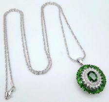 A Stunning, Unworn, Sterling Silver Green Garnet & White Topaz, Art Deco Style, Pendant Necklace.