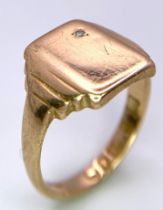 9K YELLOW GOLD VINTAGE SIGNET RING SET WITH A DIAMOND, WEIGHT 4.8G SIZE N HALMARKED LONDON 1957