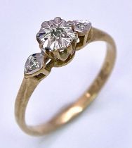 A Petite 9K Yellow Gold and Diamond Ring. Size F. 0.95g total weight.