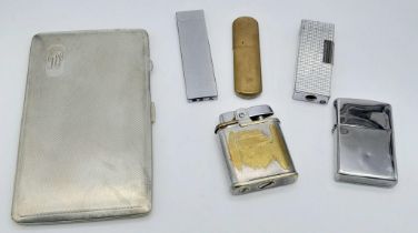 5 VINTAGE LIGHTERS TO INCLUDE A ZIPPO AND AN ARMY ISSUE PETROL LIGHTER PLUS A 1940'S CIGARETTE CASE.