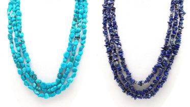 Two Natural Rough Gemstone Rope Length Necklaces. Lapis Lazuli and Turquoise. Both 150cm.