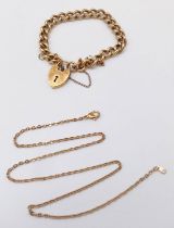 A 9K GOLD ON METAL CORE BRACELET WITH PADLOCK AND A GOLD TONE NECKLACE (46cm chain length) 33.3G (SC