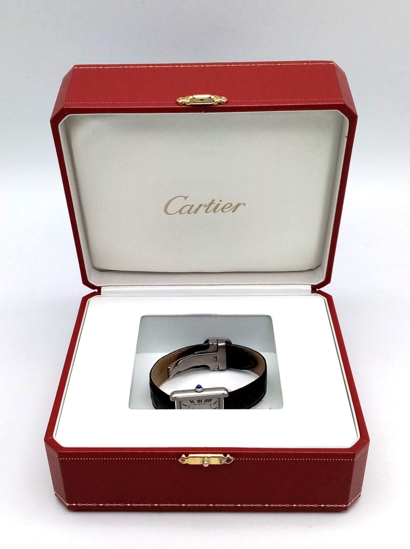 A Very Collectible Cartier 3170 Quartz Ladies Watch. Black leather strap with Cartier clasp. - Image 9 of 10