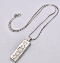 A Vintage, Hallmarked 1977 Jubilee Silver Ingot Pendant Necklace. 41cm Sterling Silver Rope Chain.