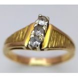 A 18K yellow gold vintage style CZ trilogy ring, 3.9g, size N, (cz:3x 2mm) ref: SH1257I