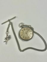 Silver pocket watch with chain & fob AF